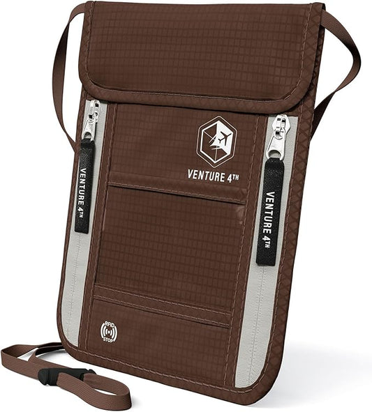 VENTURE 4TH Neck Wallet, RFID Blocking Passport Holder for Travel – Hidden Neck Pouch with 6 Compartments, Slim Lightweight Organizer with Adjustable Strap for Cash, Cards & Passport (Brown)