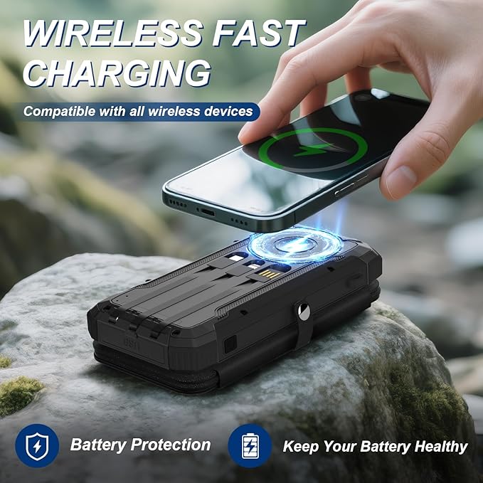 Portable Charger 20000mAh Solar Power Bank Built-in 3 Cables and Wireless Charging Battery Pack Compatible for iPhone, Samsung, IPX5 Waterproof, Bright Flashlight Perfect for Camping, Hiking, Outdoor
