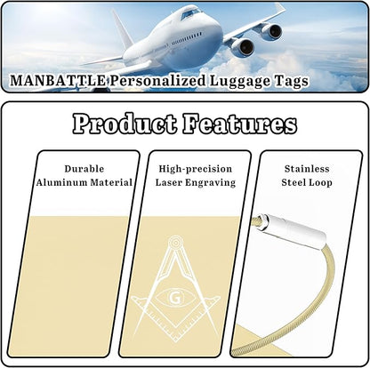 4 PCS Personalized Luggage Tags for Suitcases, Custom Aluminum Luggage Tags for Bags and Backpacks, Waterproof & Heavy Duty Personalized Metal Name Tags for Travel (Gold)
