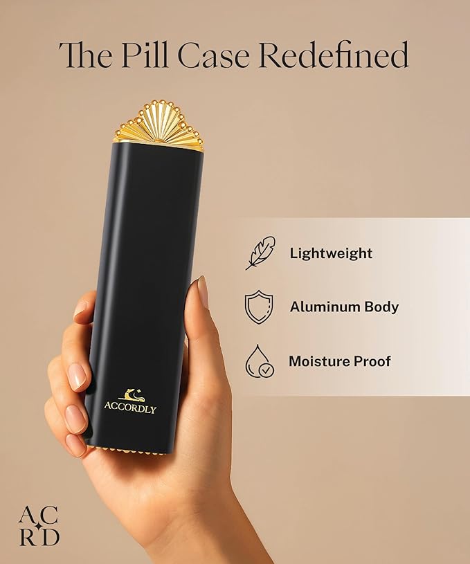 Premium Weekly Pill Organizer, 7-Day Compact Pill Case for Purse, Lightweight Gold Aluminum Pill Box for Vitamins, Medicine, Supplements, Luxury Wellness Gift