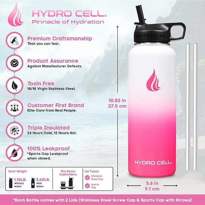 HYDRO CELL Stainless Steel Insulated Water Bottle with Straw - For Cold & Hot Drinks - Metal Vacuum Flask with Screw Cap and Modern Leakproof Sport Thermos for Adults (White/Pink 40oz)
