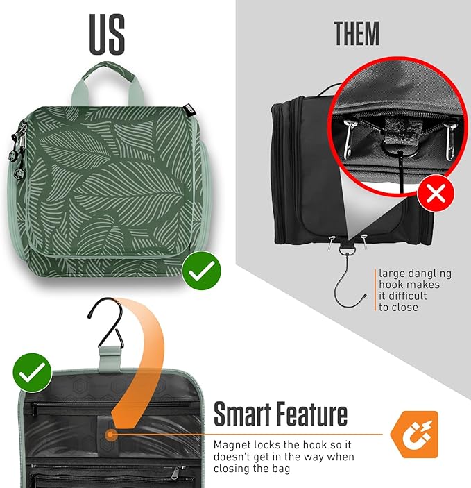 VENTURE 4TH Hanging Travel Toiletry Bag for Women & Men - Travel Organizer with Expandable Compartments & Removable Clear Pouch for Toiletries (Green Leaves)