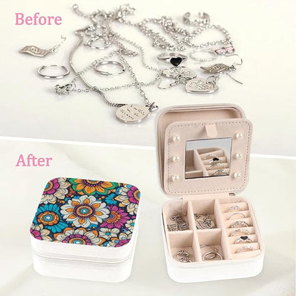 Bohemian Flower Leather Jewelry Box, Retro Mini Travel Jewelry Case Organizer, Jewelry Organizers and Storage with Mirror, Christmas and Birthday Present for Women's and Girls