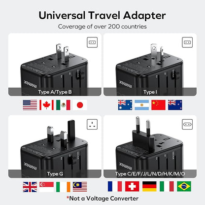 MOMAX Universal Travel Adapter, PD 35W Fast Charge International Power Adapter, 3 USB C & 2 USB A, Worldwide Travel Plug Adapter, International Power Adapter for Europe, USA, Japan, Aus(Type C/A/G/I)