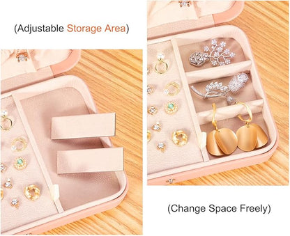 LANDICI Small Jewelry Box for Women Girls, PU Leather Travel Jewelry Case, Portable Jewelry Organizer Storage Holder Display for Ring Earrings Necklace Bracelet Bangle Men Kids Gift, Pink