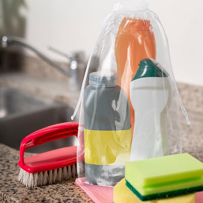 Clear Drawstring Travel Bag for Shoes. Waterproof Dust Bags for Shoes with Double Cotton Drawstrings. 2 mil PE Plastic Drawstring Bags for Packing, Storage