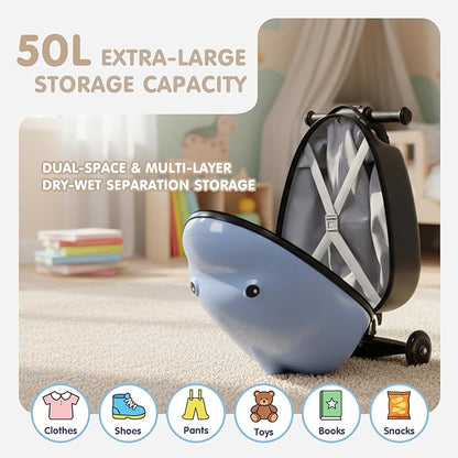 smilesun 4-in-1 Detachable Scooter Suitcase for Kids & Teens, 3D Owl/Dolphin Hardside Ride-On Luggage, Lightweight Foldable Design, Unique Travel Gift for Children (Dolphin, 22-inch)