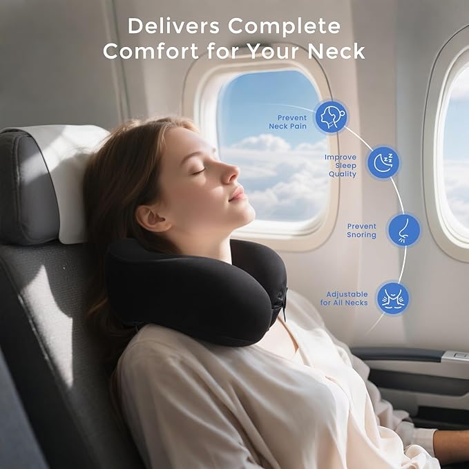 Travel Neck Pillow for Airplane, Neck Travel Pillow, Upgraded Soft 100% Pure Memory Foam - Lightweight and Stowable - Ergonomic Design for Long Flights, Car, Train, Office Use