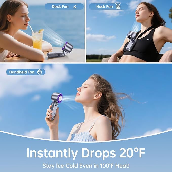 Handheld Portable Fan with Ice Cooler: 100-Speed 5500mAh Rechargeable Handheld Fan, 12H Time Hand Cooling Personal Fans with 20000 RPM Air Turbo Tech for Travel Outdoor (Purple)