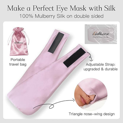 100% Natural Silk Eye Mask for Women Men, Soft Pressureless Cooling Blackout Eye Covers for Sleeping, Large Size Sleep Mask fits All Heads Adjustable, 1PC, Lotus Pink