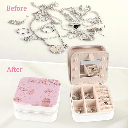 Cherry Blossom Leather Jewelry Boxes, Pink Mini Travel Jewelry Case Organizer, Elegant Jewelry Organizers and Storage with Mirror, Christmas and Birthday Present for Women's and Girls