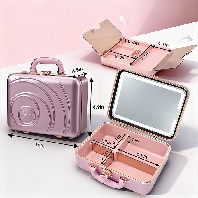 Travel Makeup Case with LED Lighted Mirror 12 Inch Portable Makeup Box Organizer Adjustable Brightness in 3 Colors Cosmetic Storage Case with Dividers Hard Aluminum Shell Vanity Box Pink