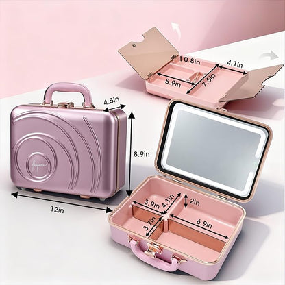 Travel Makeup Case with LED Lighted Mirror 12 Inch Portable Makeup Box Organizer Adjustable Brightness in 3 Colors Cosmetic Storage Case with Dividers Hard Aluminum Shell Vanity Box Pink