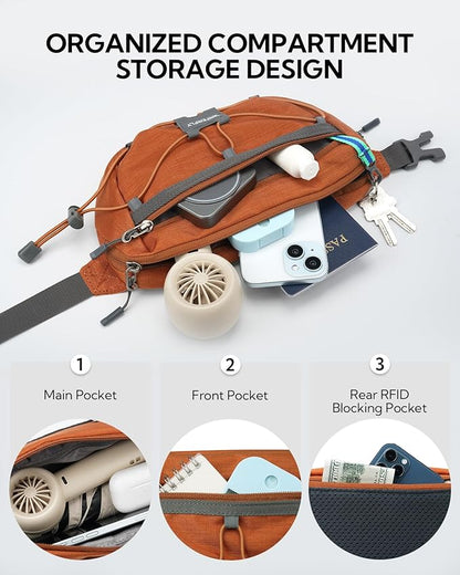WATERFLY Lightweight Small Fanny Pack: 1.5L Mini Slim Crossbody Waist Belt Hip Bag with RFID Blocking, Anti-Theft & Water Resistant Pouch for Women Men Travel Hiking Running Walking EDC