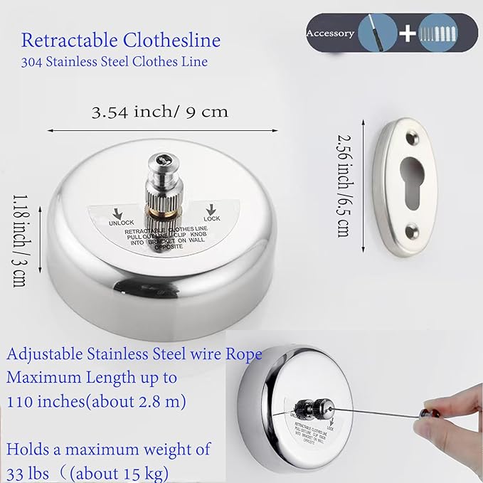 Clothes Line Retractable Clothesline of 304 Stainless Steel with Heavy Duty Adjustable Stainless Steel Wire Rope Retracting Clothes line Polished Chrome Finished