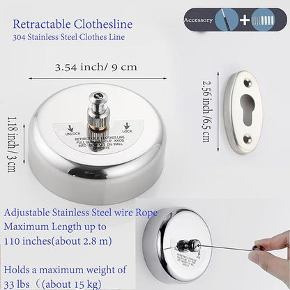 Clothes Line Retractable Clothesline of 304 Stainless Steel with Heavy Duty Adjustable Stainless Steel Wire Rope Retracting Clothes line Polished Chrome Finished