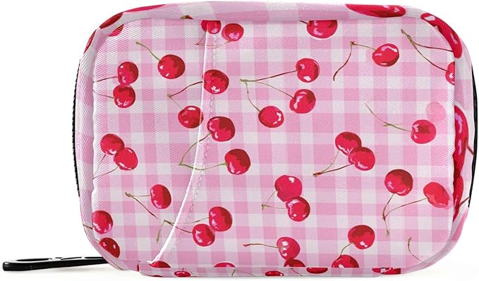 Pink Juicy Checkered Cherry Travel Pill Organizer Case Box Container Weekly Portable Vitamin Medicine Holder Storage Bag with Zipper Removable