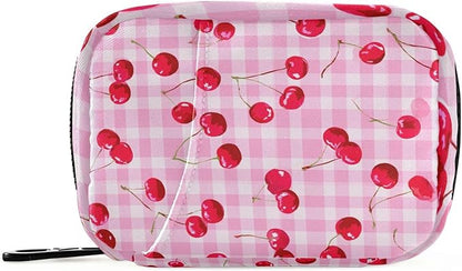 Pink Juicy Checkered Cherry Travel Pill Organizer Case Box Container Weekly Portable Vitamin Medicine Holder Storage Bag with Zipper Removable