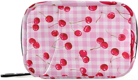Pink Juicy Checkered Cherry Travel Pill Organizer Case Box Container Weekly Portable Vitamin Medicine Holder Storage Bag with Zipper Removable