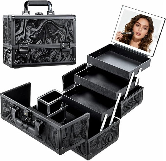 Travel Makeup Case with LED Lighted Mirror - 11.6" Portable Makeup Organizer Box, Cosmetic Train Case with Detachable Brush Holder - Fluid Black