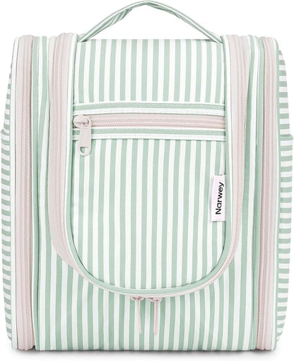 Narwey Small Striped Hanging Travel Toiletry Bag for Women, Travel Bag for Toiletries, Makeup Bag Organizer Cosmetic Bags Make Up Bags for Women (Mint Green Stripe)