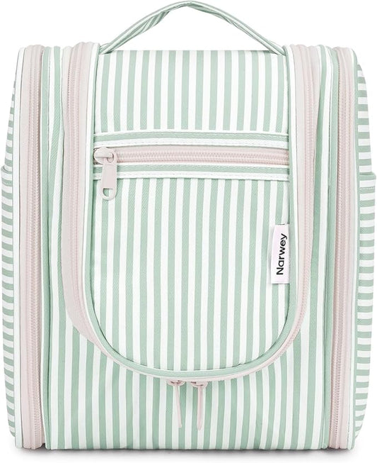 Narwey Small Striped Hanging Travel Toiletry Bag for Women, Travel Bag for Toiletries, Makeup Bag Organizer Cosmetic Bags Make Up Bags for Women (Mint Green Stripe)