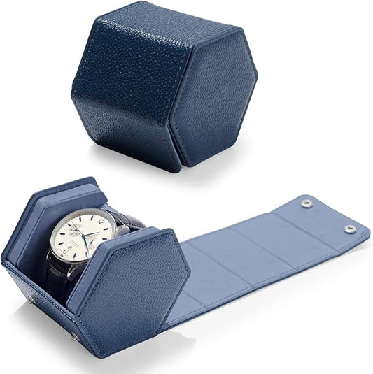 Oirlv Luxury Hexagonal Leather Watch Travel Case Single Watch Box for Men Portable Jewelry Storage Roll Organizer(1-Slot,Blue)
