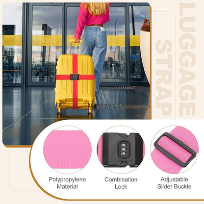 MECCANIXITY Luggage Straps with Combination Lock Adjustable Suitcase Belt Strap for Suitcase Briefcase Backpack Travel, Pink, Pack of 4