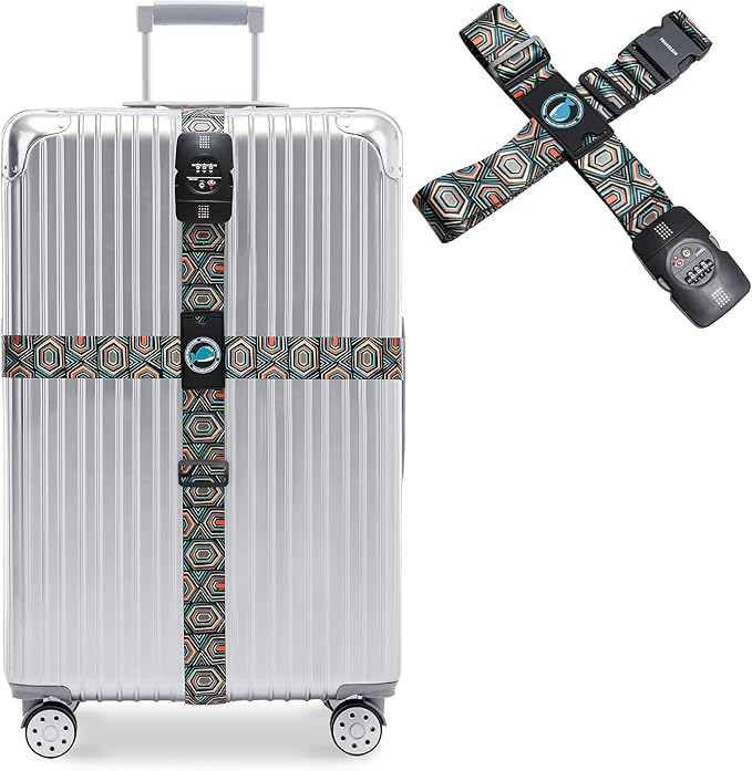 Travelkin Luggage Straps TSA Approved - Adjustable Cross Suitcase Straps with TSA Lock, Reinforced Buckle, Unique Pattern - Secure Heavy Duty Luggage Straps for Travel (Geometry)