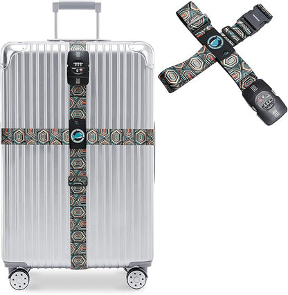Travelkin Luggage Straps TSA Approved - Adjustable Cross Suitcase Straps with TSA Lock, Reinforced Buckle, Unique Pattern - Secure Heavy Duty Luggage Straps for Travel (Geometry)
