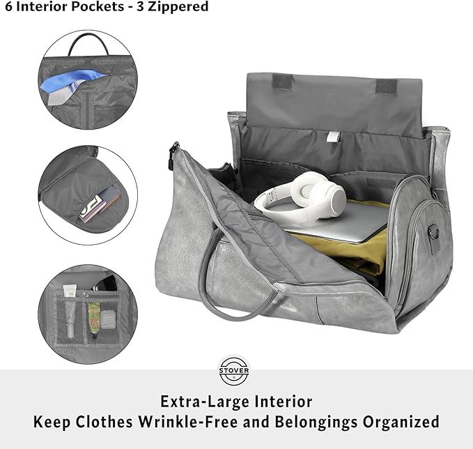 STOVER Garment Travel Duffle Bag, Large 2-in-1 Convertible Carry-on Luggage for Men & Women- Hanging Suits, Dresses & Clothes + Shoe Compartment- Weekender Tote Combo Duffel (Grey Leatherette)