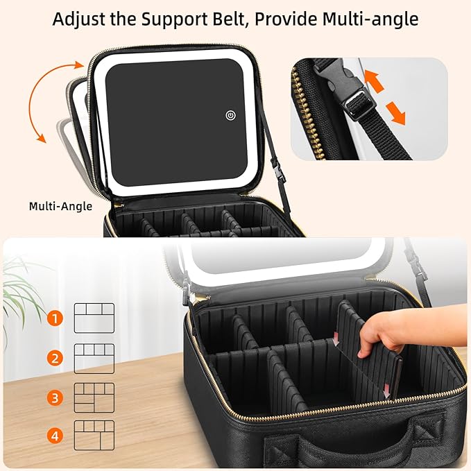 Travel Makeup Bag with Mirror of LED Lighted, Makeup Train Case with Adjustable Dividers, Makeup Case with Mirror and Detachable 10x Magnifying Mirror