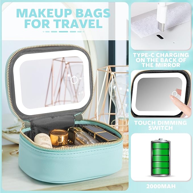 Small Makeup Bag with Led Mirror, Mini Travel Make up Bag 3 Light Modes Adjustable Brightness, for Women Organizer Cosmetic Bag, Portable Travel Train Toiletry Bag, for Pool Parties Work Touch-Ups