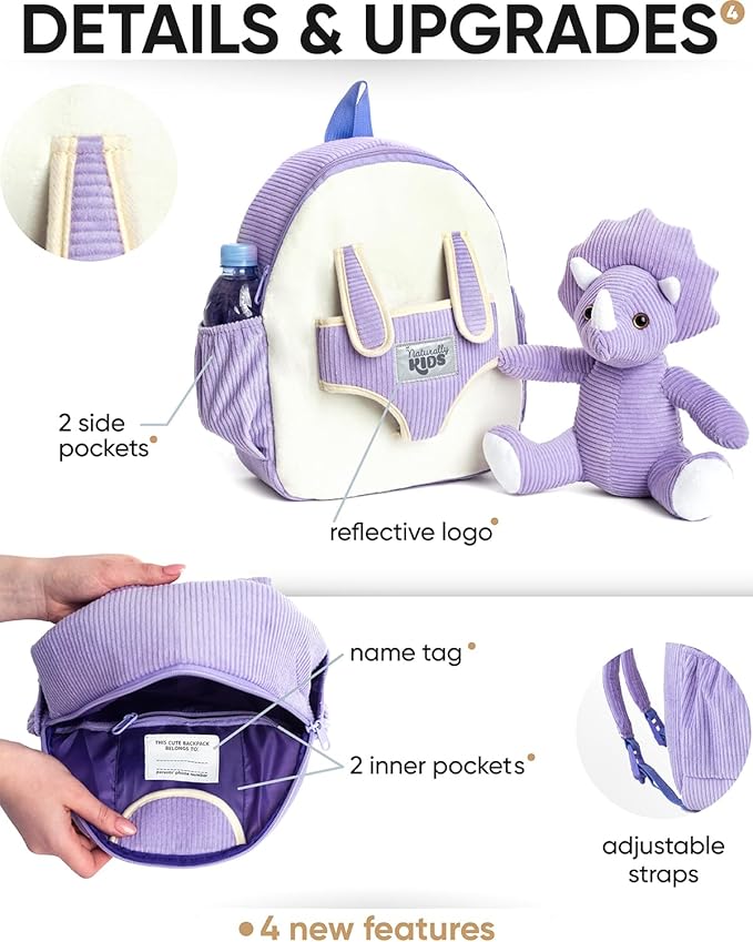Naturally KIDS Purple Dinosaur Backpack for Girls 4-5, Triceratops Backpack, Dinosaur Gifts for 4-5 Year Old Girls