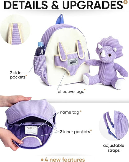 Naturally KIDS Purple Dinosaur Backpack for Girls 4-5, Triceratops Backpack, Dinosaur Gifts for 4-5 Year Old Girls
