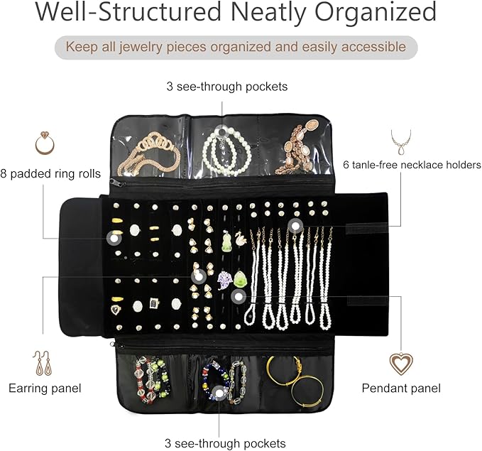 Velvet Travel Jewelry Case Roll Bag Organizer for Necklace Bracelet Earrings Ring (Black)