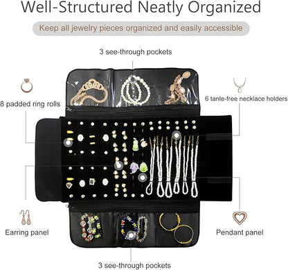 Velvet Travel Jewelry Case Roll Bag Organizer for Necklace Bracelet Earrings Ring (Black)