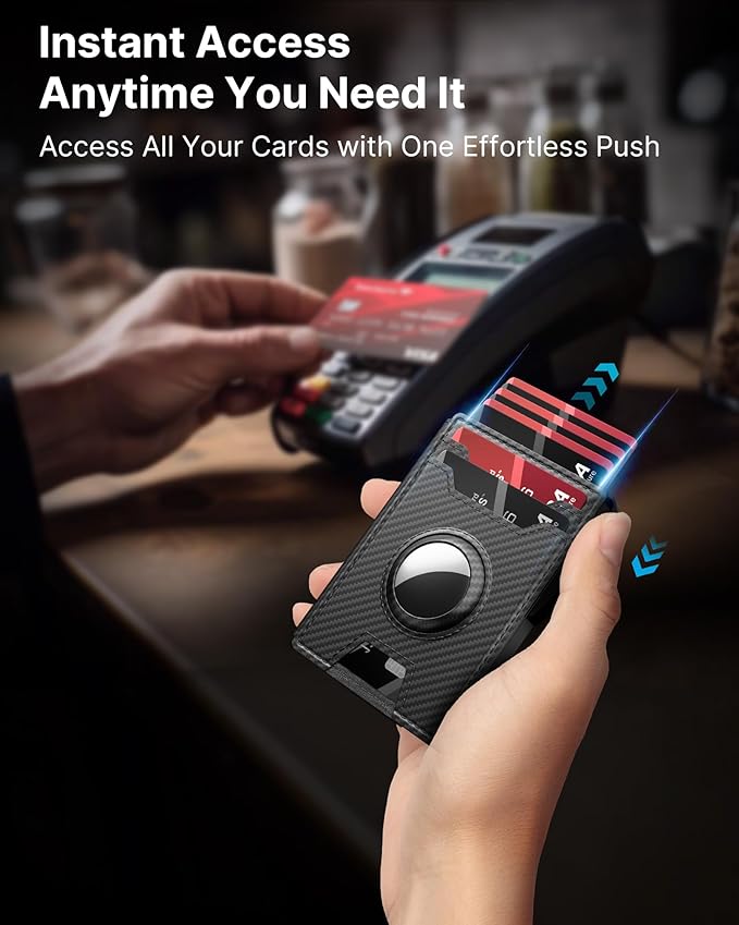 typecase AirTag Wallet for Men: Pop Up Card Case, Secure Holder for Apple Air Tag, Premium Leather, Smart, RFID Blocking, Slim, Minimalist, 13 Cards Capacitiy | ID Window | Money Clip (Carbon Fiber)