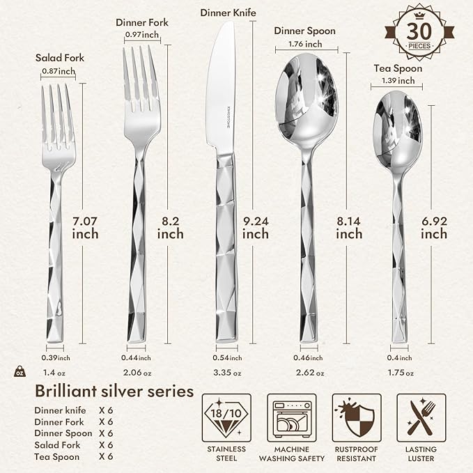 KINGSTONE Silverware Set, Luxury 30 Piece Flatware Set for 6, 18/10 Stainless Steel Cutlery Set with Diamond Cut Pattern for Kitchen, Home, Wedding, Party, Mirror Polished and Dishwasher Safe