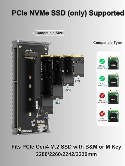 Noiseless 40Gbps M.2 NVMe Enclosure, USB C Aluminum External SSD Enclosure Compatible Thunderbolt4/3 8TB SSD Adapter, PCIe Gen4 M.2 SSD Reader Fits 2280/2260/2242/2230mm M B+M Key
