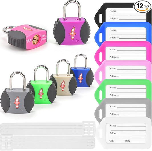 TSA Approved Luggage Lock and 6 Luggage Tags, Suitcase Locks with Keys and PPR/ABS Around Body, Suit for Suitcase,Luggage,Backpack,Laptop Bag,Locker 6 Pack Color Mixed