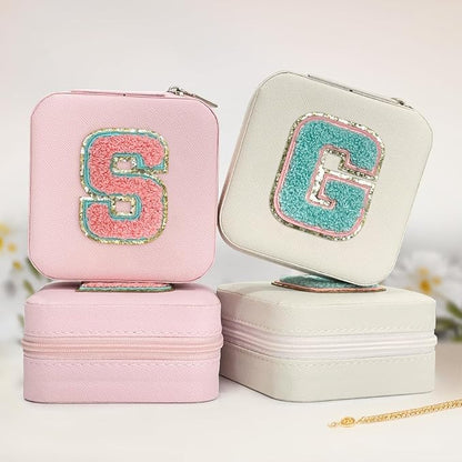 SANDJEST Personalized Jewelry Box, Pink Travel Jewelry Box with Initial S, Small Monogrammed Jewelry Case Organizer for Girls Women Teen Kids, Mini Travel Essentials Gifts for Birthday Christmas