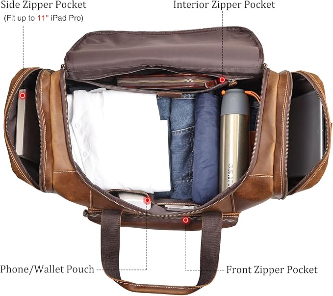 Polare 23" Full Grain Cowhide Leather Gym Duffle Weekender Overnight Travel Duffel Bag For Men