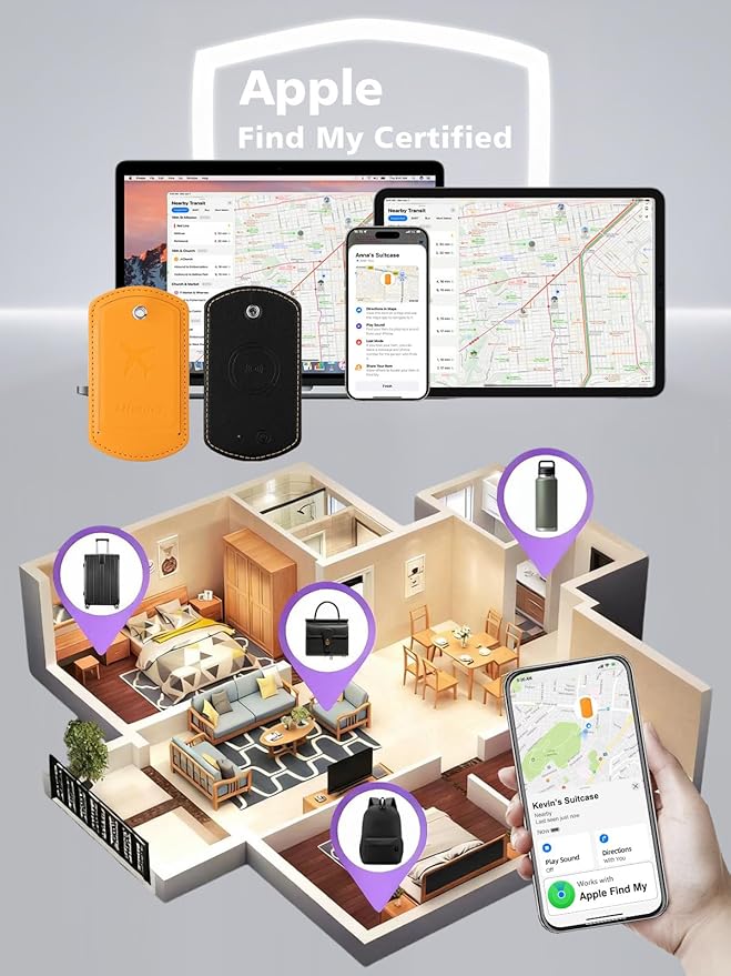 Luggage Tag with Tracker (iOS Only), Premium PU Leather Luggage Tags for Suitcase, Privacy Cover & ID Card Slot, Stainless Loop for Travel Bags, Backpack, Pet Carrier, Ideal Gadgets (Orange)