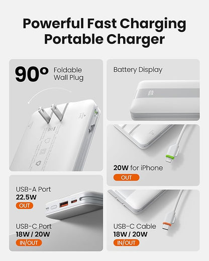 Fast Charging Power Bank, USB C Portable Charger Built in Cables and Wall Plug, 10500mAh 22.5W 4 Outputs 3 Inputs LED Display External Battery Pack Compatible with iPhone/Android (White)