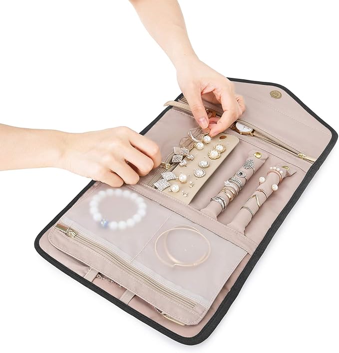 BAGSMART Travel Jewelry Organizer Roll Foldable Jewelry Case for Journey-Rings, Necklaces, Bracelets, Earrings, Black