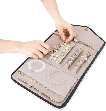 BAGSMART Travel Jewelry Organizer Roll Foldable Jewelry Case for Journey-Rings, Necklaces, Bracelets, Earrings, Black
