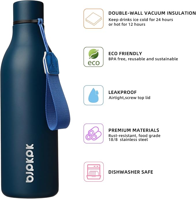 BJPKPK Insulated Water Bottles, 25 oz Stainless Steel Metal Water Bottle with Strap, BPA Free Leak Proof Jugs, Mugs, Flasks, Reusable Thermal Flasks for Sports & Travel, Navy Blue