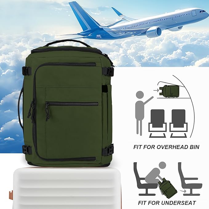 Carry On Travel Backpack Flight Approved Laptop Backpack Business Work Backpack for Women Men Large Capacity Casual Daypack with Wet/Dry Separation Pockets, Dark Green