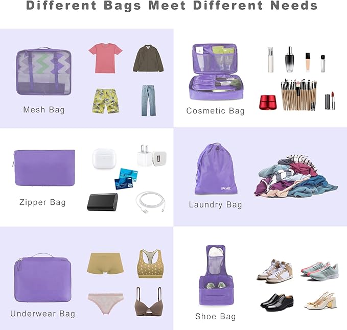 BAGAIL 8 Set Packing Cubes Luggage Packing Organizers for Travel Accessories-Light Purple